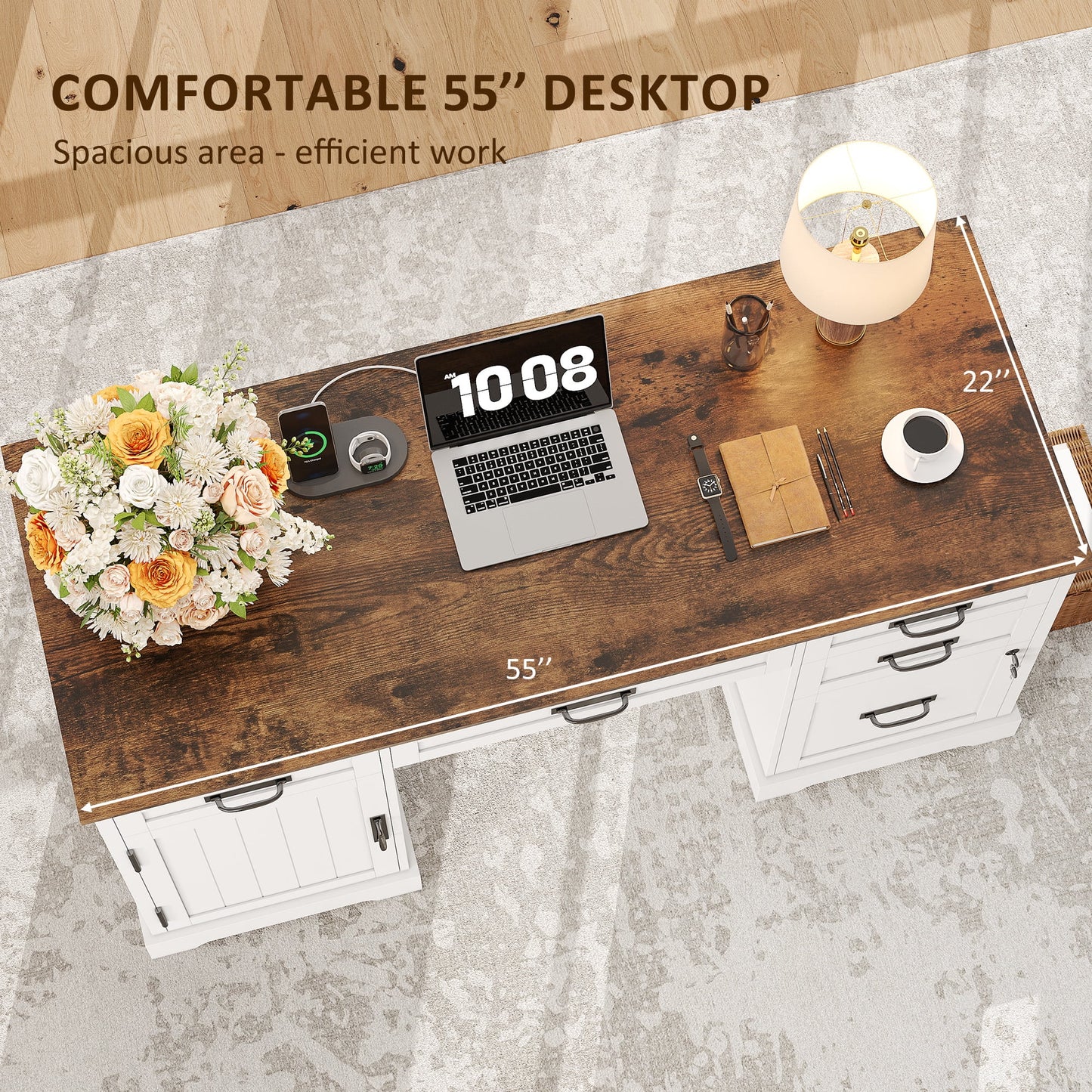 Whalefall 55 in Farmhouse Executive Desk with File Drawer for Adult Home Office, White