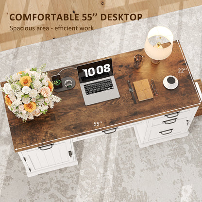 Whalefall 55 in Farmhouse Executive Desk with File Drawer for Adult Home Office, White