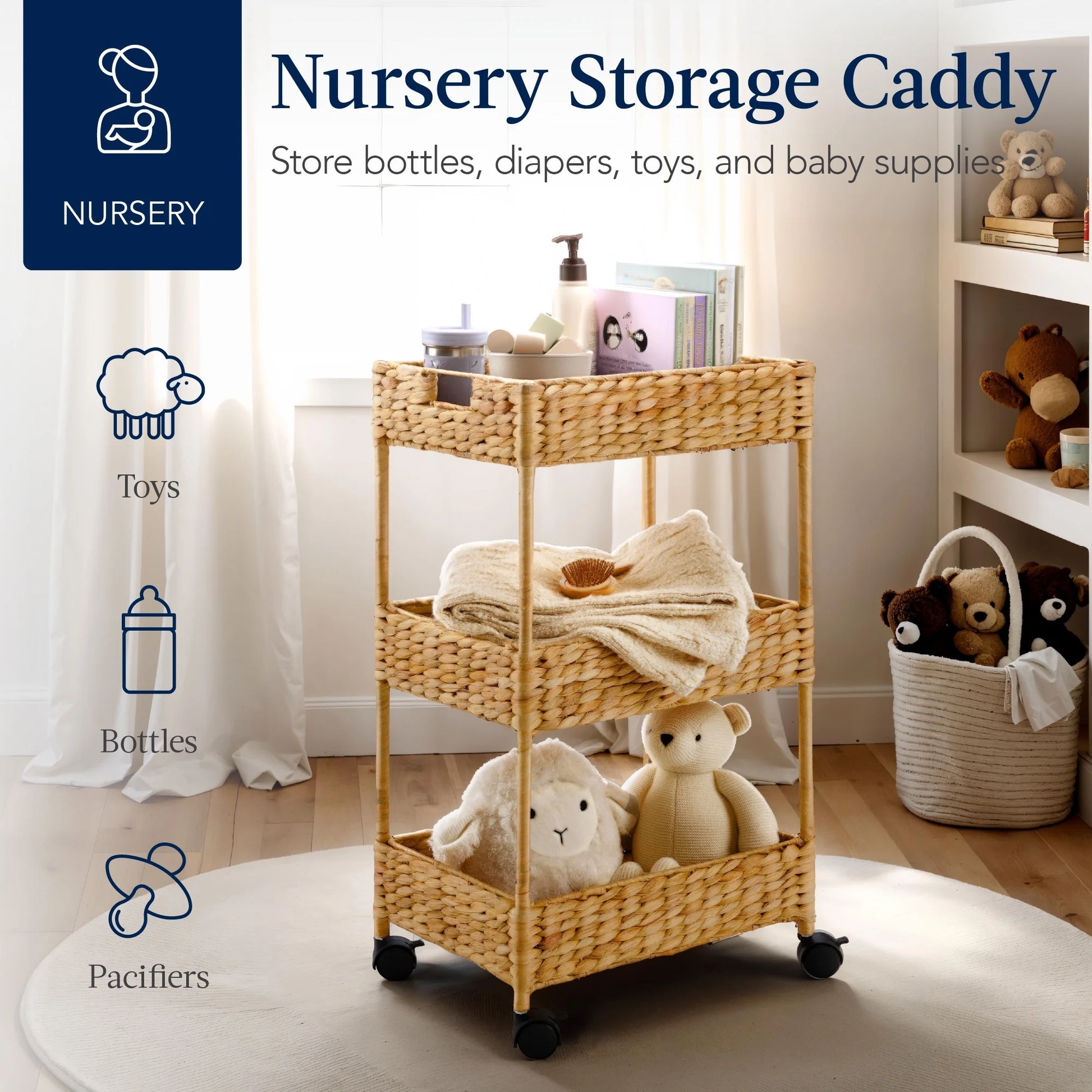 Best Choice Products 3-Tier Water Hyacinth Rolling Nursery Caddy w/Wheels, Utility Cart, Storage Organization - Natural