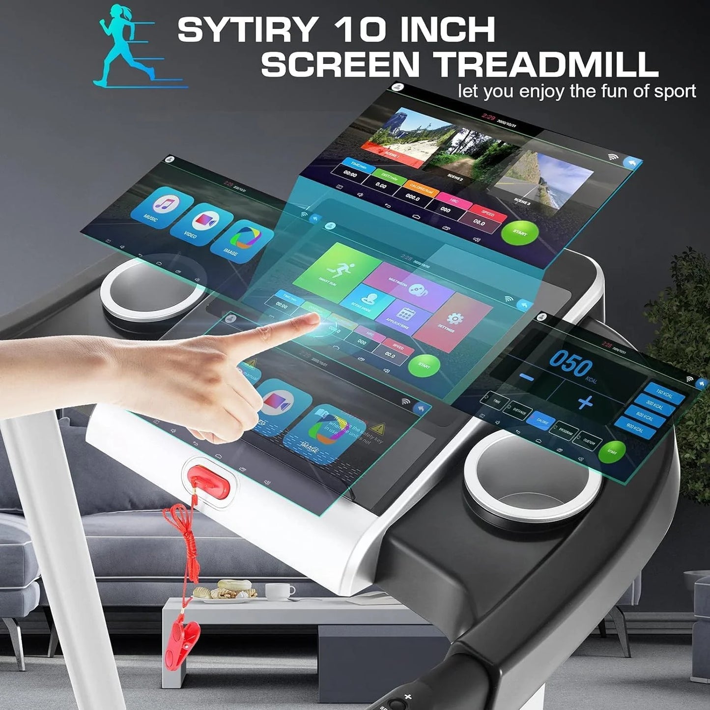 SYTIRY Folding Treadmill w/10" HD Touchscreen WiFi 3.25 HP Adjustable Incline Treadmills, Heart Rate Monito 9 MPH Speed Range Jogging Running Machine for Home Office 265lbs Weight Capacity