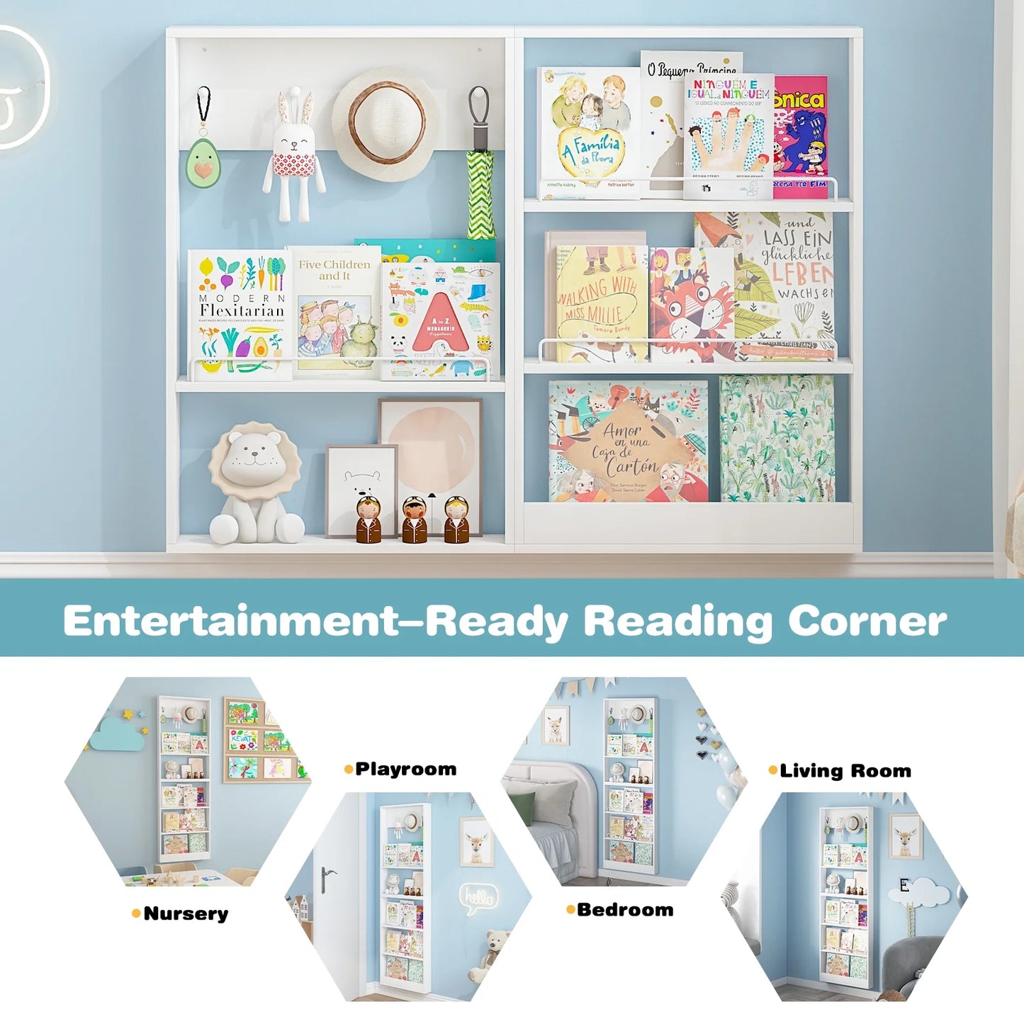 Advwin 5-Tier Wall Mounted Kids Bookshelf with Adjustable Shelves, Wooden Book Shelf Organizer, Behind Door Bookcase Display Shelf for Kids Room, Nursery, Playroom, Natural