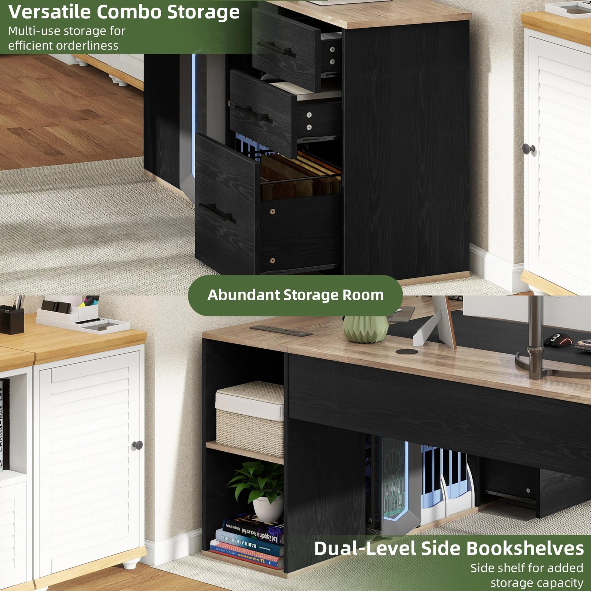 Uforic 71" L-Shaped Desk File Cabinet, Computer Desk with Power Outlets, Executive Desk for Home Office