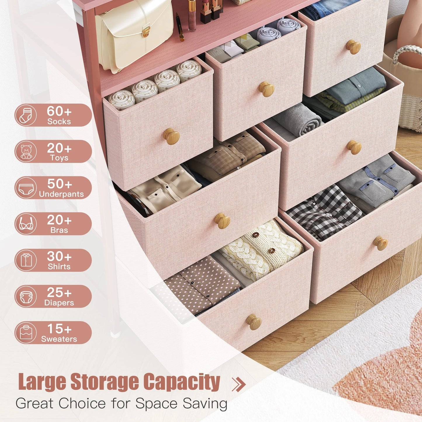 EnHomee Dressers for Bedroom with 7 Drawers Pink Dresser Fabric Chest of Drawers with Shelves Portable Storage Tower Small Dresser for Living Room Nursery Guest Room