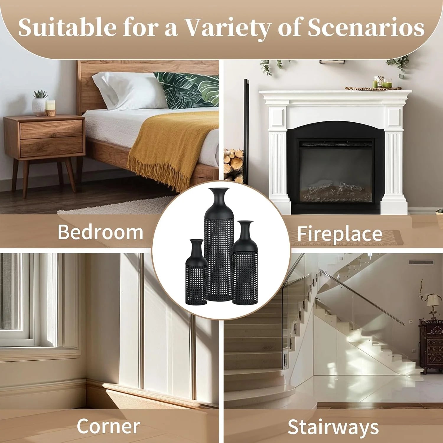 Black Large Floor Vases: Tall Vases Floor Standing for Living Room 27/20/16in - Metal Tall Floor Vase Set of 3 - Modern Oversized Floor Vase for Bedroom Kitchen Fireplace Corner