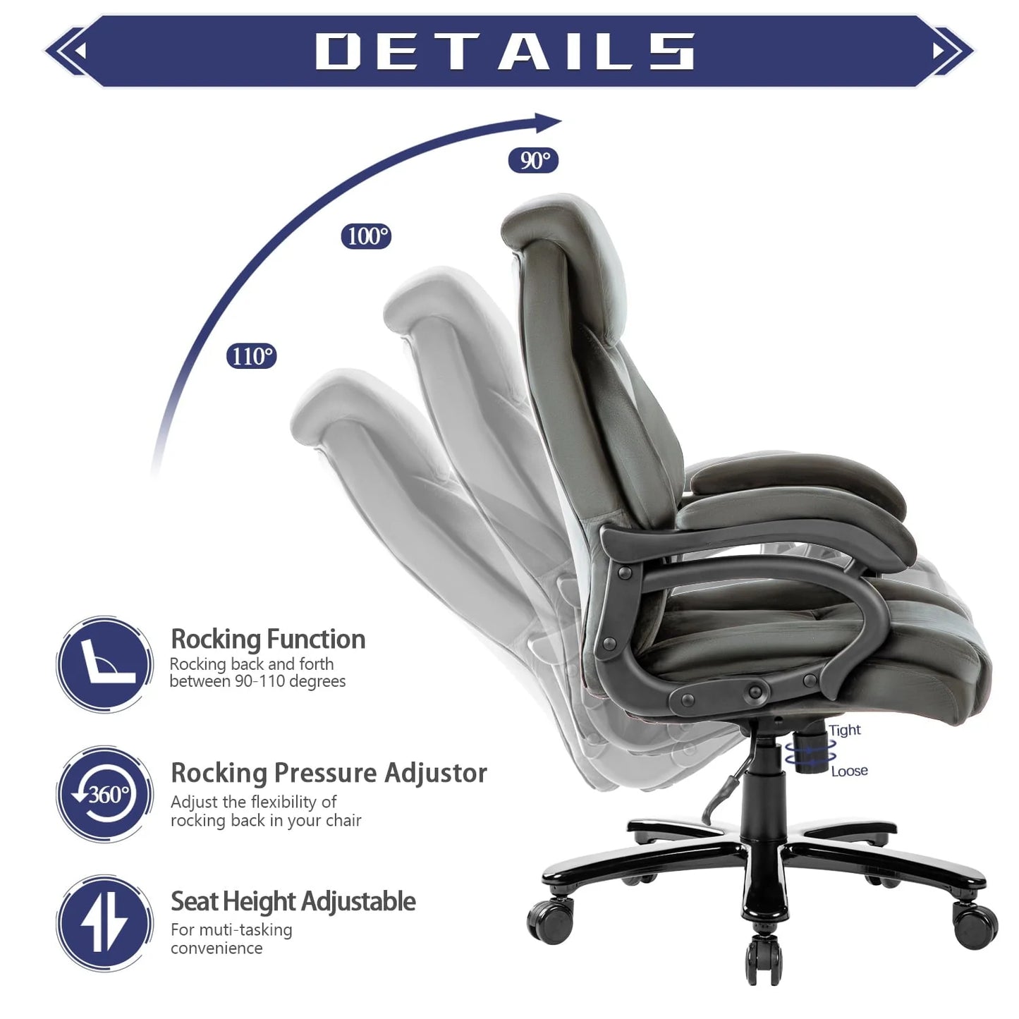 JONPONY Home Office Chair, Big and Tall Chair 8 Hours Heavy Duty Design, Ergonomic High Back Cushion Lumbar Back Support, Computer Desk Chair, Adjustable Executive Leather Chair with Arms,Grey
