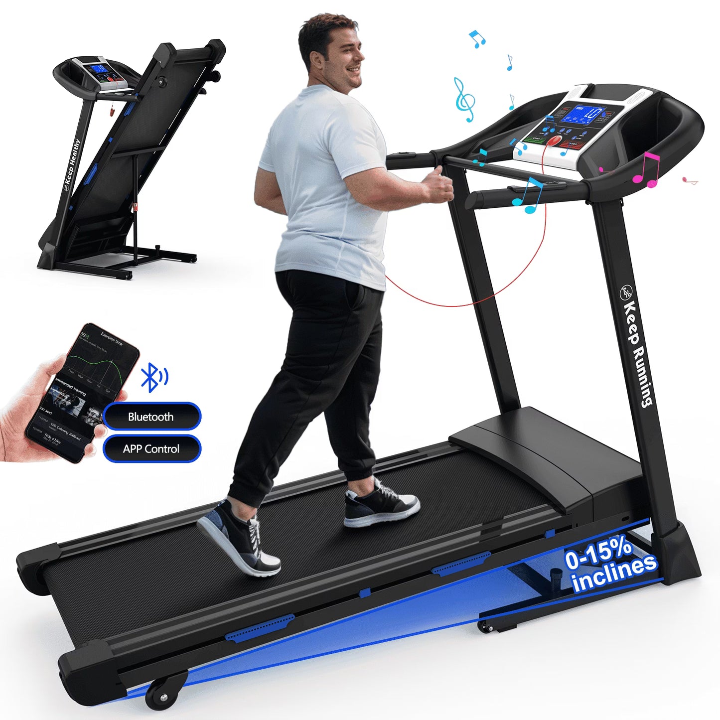 3.5HP Folding Treadmill With Auto 15% Incline Bluetooth MP3 17" Wide 7-Layers Shock-absorbing Belt 9MPH Connect FitShow APP Running Walking Jogging Exercise Machine For Home Office,Max Weight 300lb