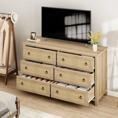 Yeshouse Boho 6-Drawer Dresser with Rattan Accents, Modern Chest of Drawers with Ring Handles & Deep Storage for Bedroom, Living Room