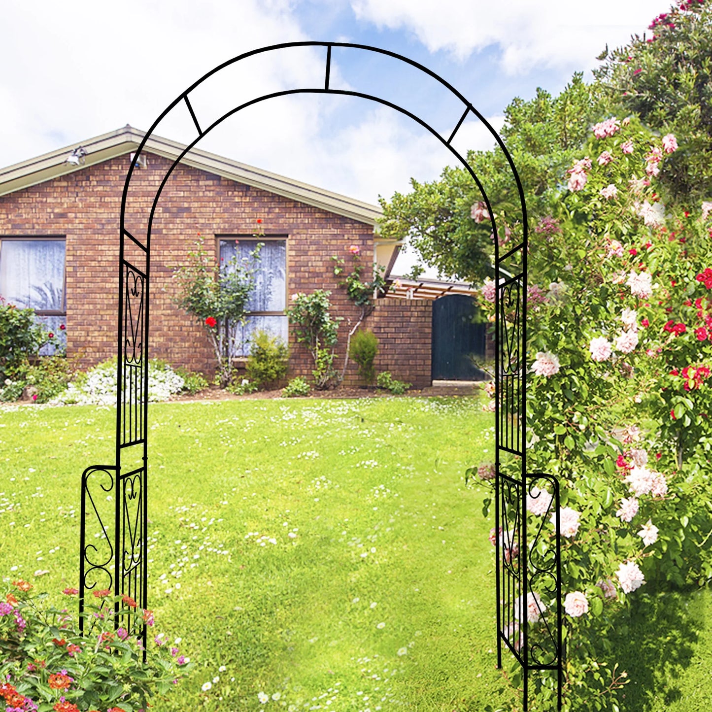 Buytoshop 55''W x 94.5''H Metal Garden Arch, Garden Arbor Trellis for Climbing Plants Support,Black