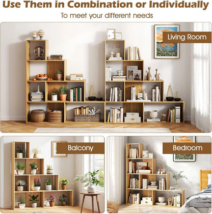 JTYUB 4-Tier Stepped Bookshelf, Freestanding 6 Cubes Ladder Bookcase with Anti-Tipping Kits, 64" Tall Modern Wooden Storage Display Rack for Home Office Living Room Study ,1 PCS,Natural