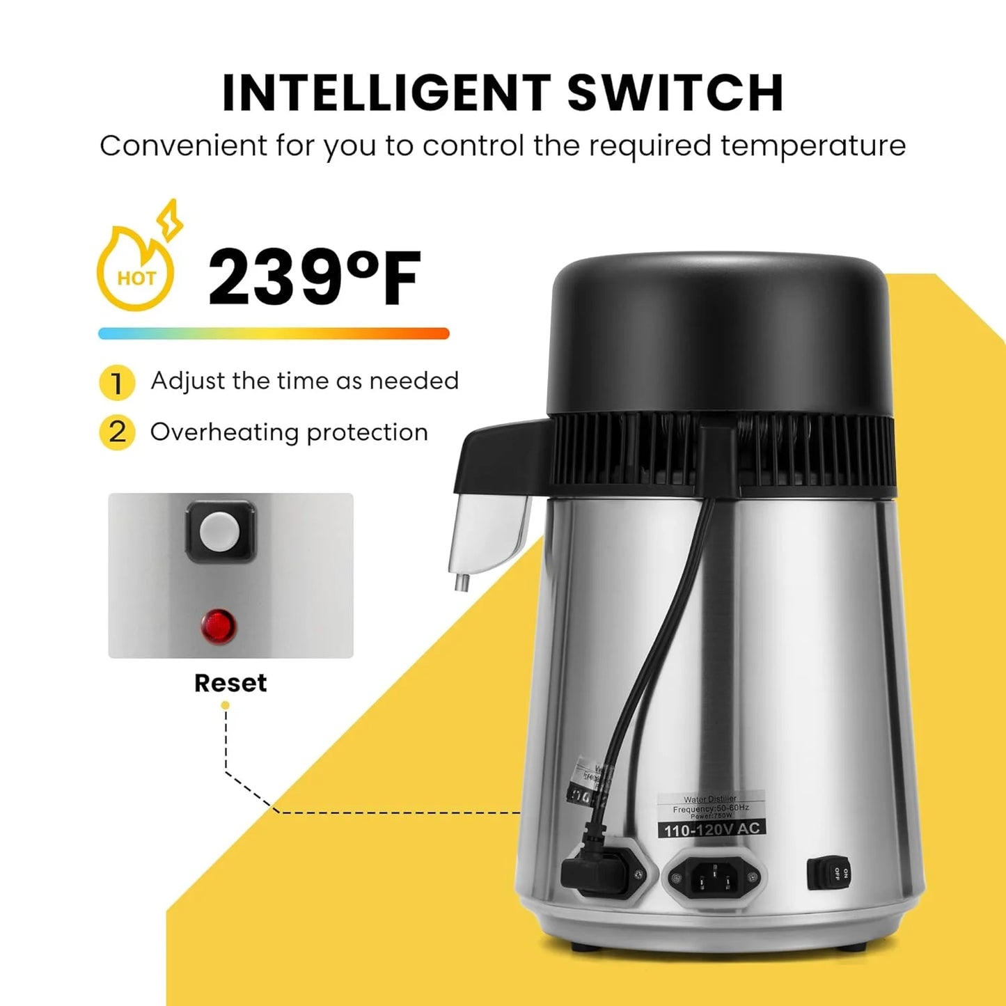 SPECSTAR Water Distiller Countertop 1.1 Gallon/4L 304 Stainless Steel Distilled Water Machine with Smart Switch Purifier Filter for Home Office