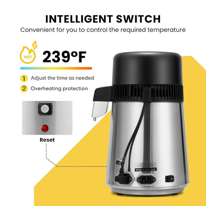 SPECSTAR Water Distiller Countertop 1.1 Gallon/4L 304 Stainless Steel Distilled Water Machine with Smart Switch Purifier Filter for Home Office