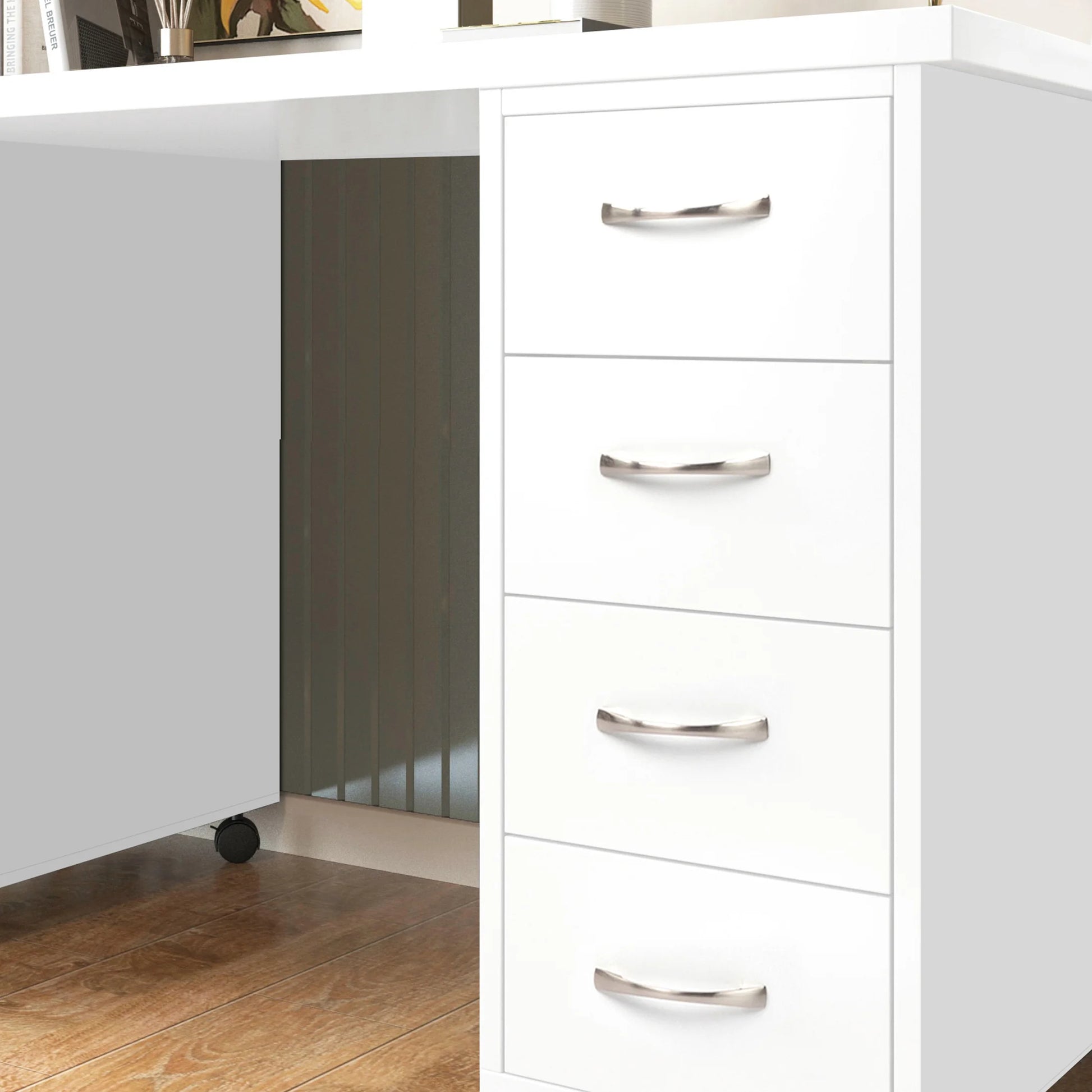 Sesslife White Computer Desk, Writing Desk with Lockable WheelsModern Wood Study Desk with 4 Drawers for Home Office Workstation