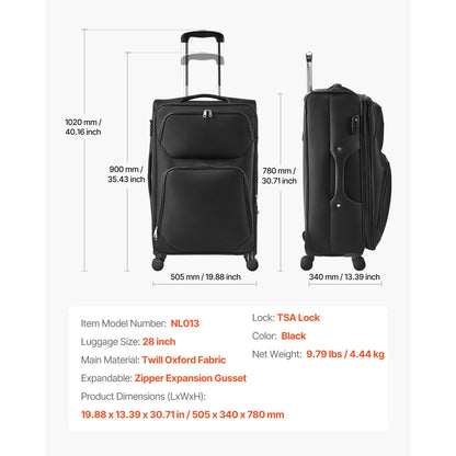 KFFKFF Expandable 28-Inch Softside Luggage with Spinner Wheels, Lightweight Checked Suitcase Featuring TSA Lock and Extra Zippered Pocket, Black