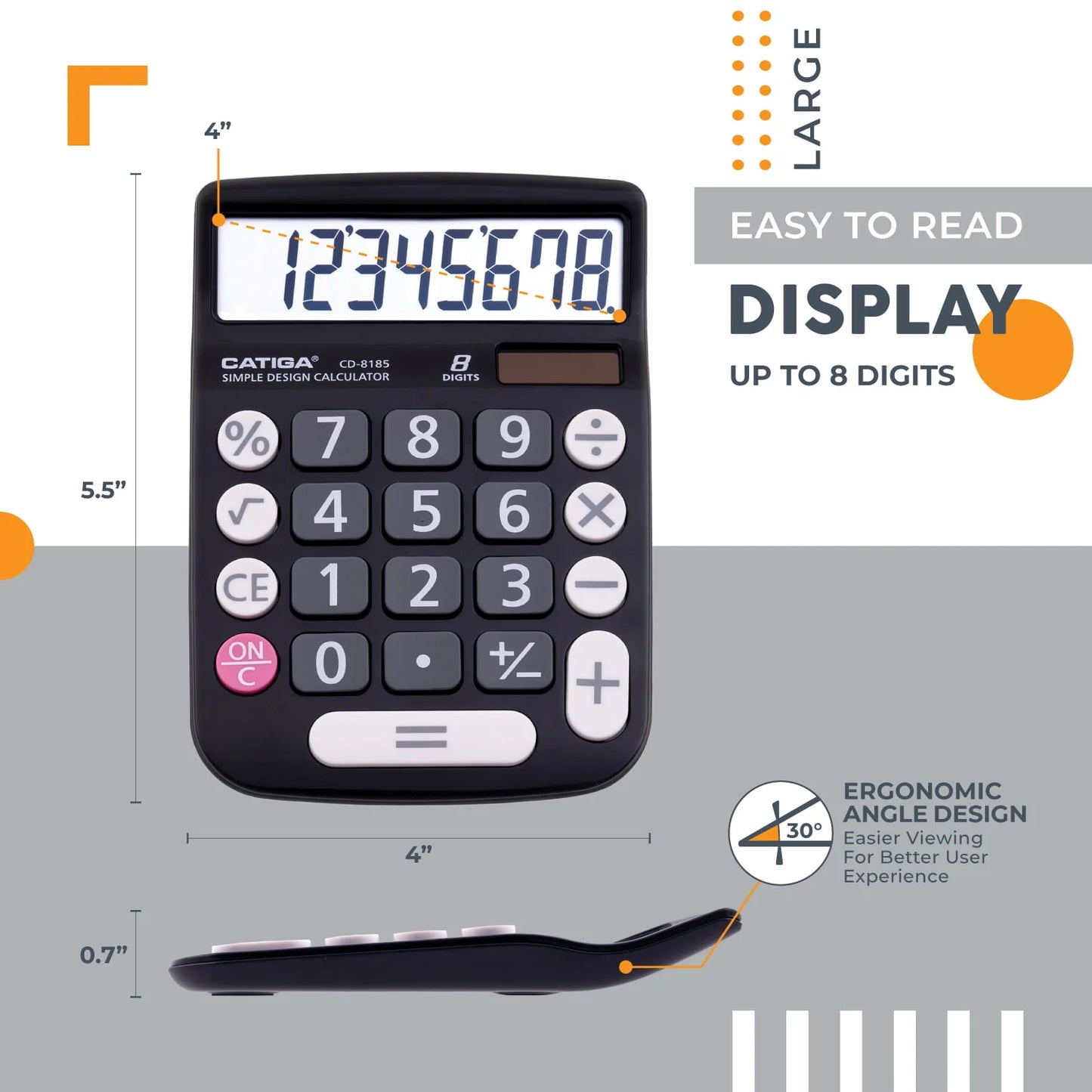 CATIGA CD-8185 Calculator Large LCD & Buttons 8 Digit Dual Power Home Office School (Black)