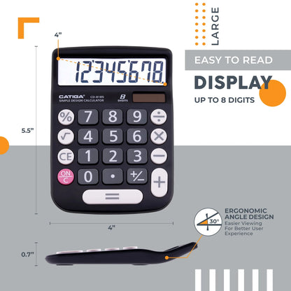 CATIGA CD-8185 Calculator Large LCD & Buttons 8 Digit Dual Power Home Office School (Black)