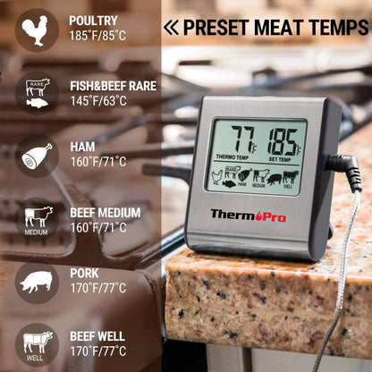 ThermoPro TP-16 Large LCD Cooking Food Meat Thermometer for Smoker Oven Kitchen BBQ Grill Thermometer Clock Timer with Stainless Steel Temperature Prob
