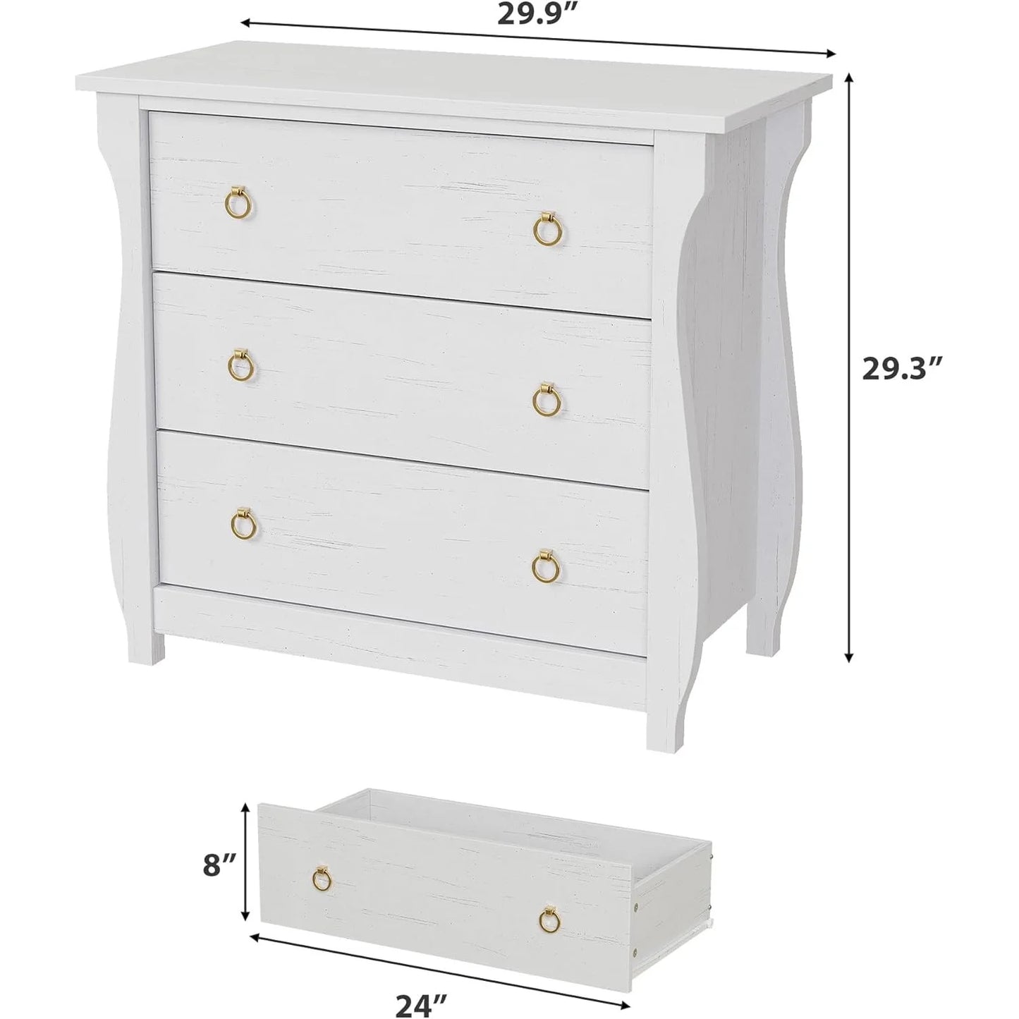 M optimized Wood 3-Drawer Dresser, Boho Dresser with Curved Legs, Rattan Accents, and Freestanding Storage for Living Room, Bedroom, Entryway, or Balcony