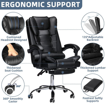 Hoffree Office Chair Ergonomic Computer Desk Chair Big and Tall Executive Leather Chair High Back Adjustable Task Chair with Wheels Lumbar Back Support Footrest for Home Office Black