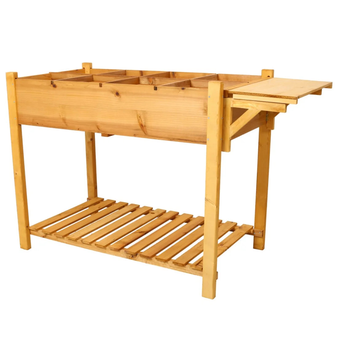 IVV Elevated Wooden Raised Garden Bed - 8 Grid Planter Box with Folding Side Table and Storage Shelf, Fabric Liner & Drainage Holes for Vegetables, Herbs, and Flowers - Dark Brown