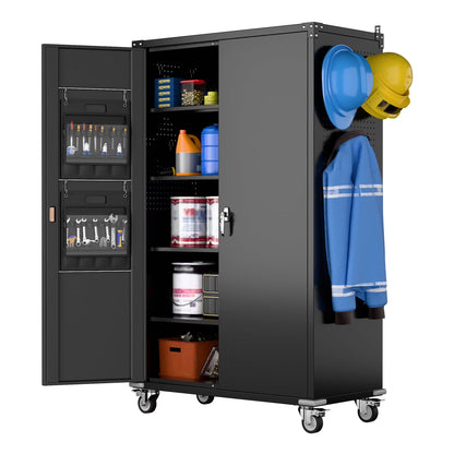 GAEANET 71" H Metal Storage Cabinet on Wheels with Pegboards & Drawer,Lockable Rolling Steel Tool Chest Cabinet for Garage,Warehouse,Home Office,Assembly Required,Black+Gray