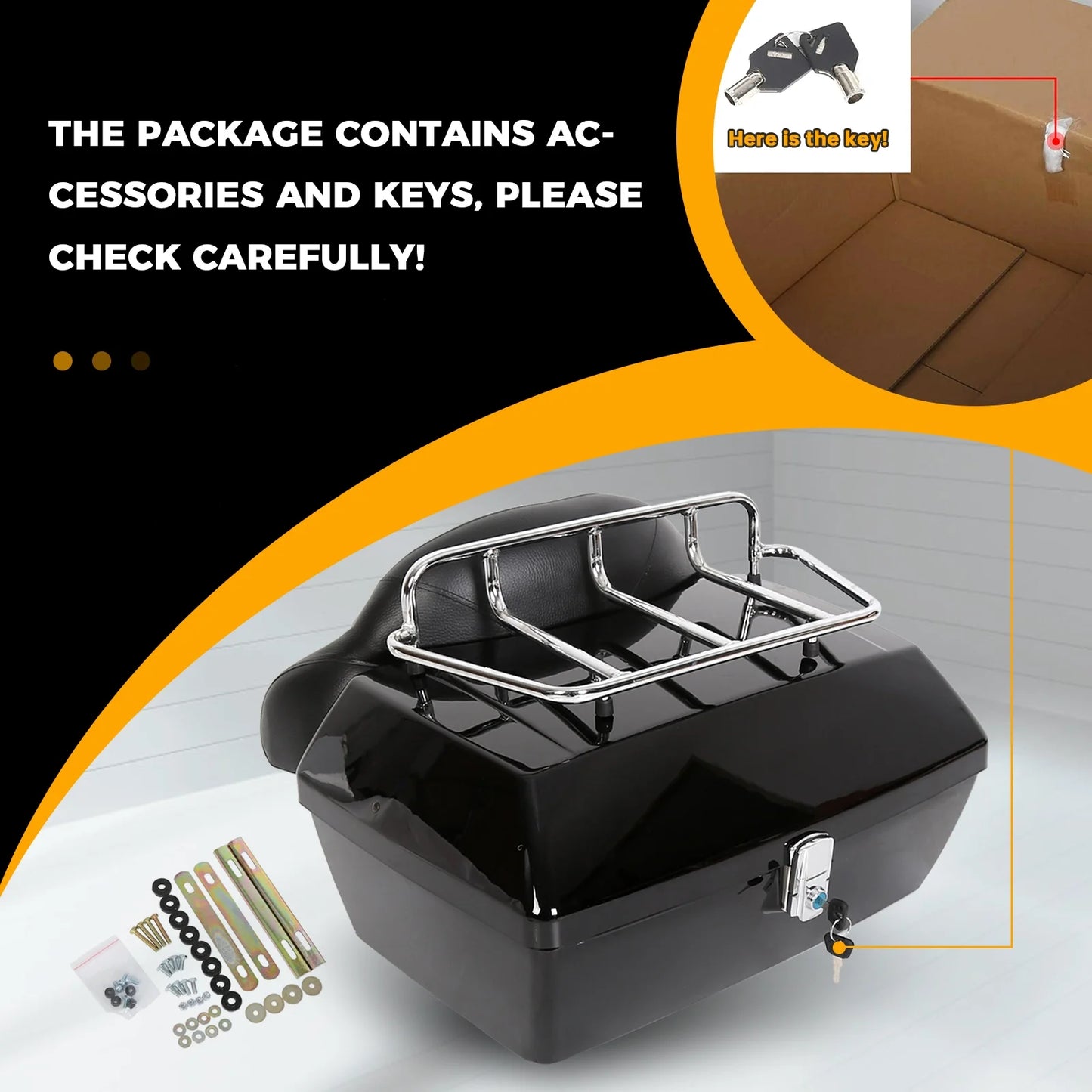 Kojem Motorcycle Trunk Tour Pack Luggage Universal for Harley Honda Yamaha Suzuki Cruiser Tail Box with Top Rack Backrest Black