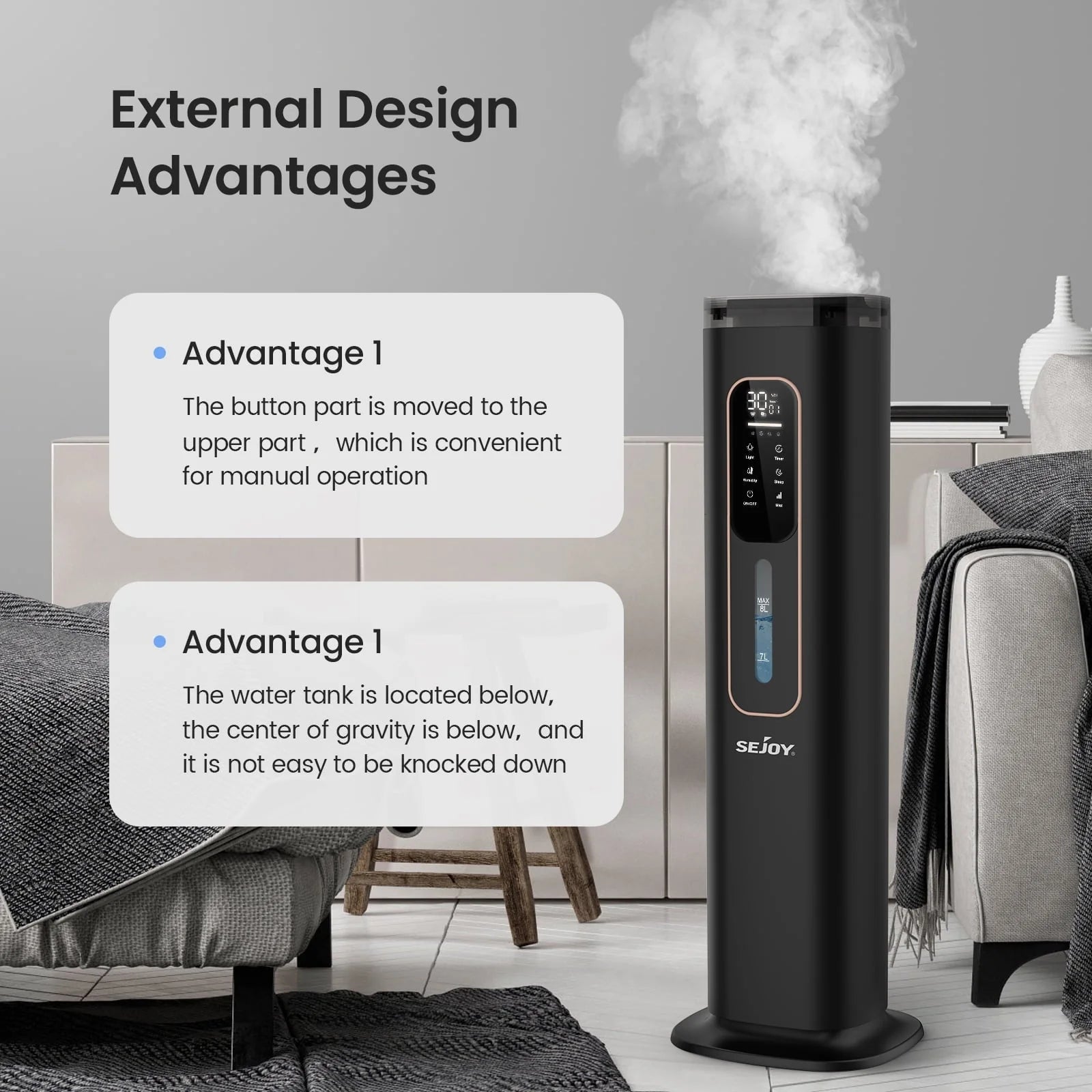 Sejoy Humidifiers for Bedroom Large Room Home.1GAL/8L Top Fill Floor Ultrasonic Humidifiers with 3 Mist Speed,Remote,Quiet Humidification for Plants and Baby Infant,Black