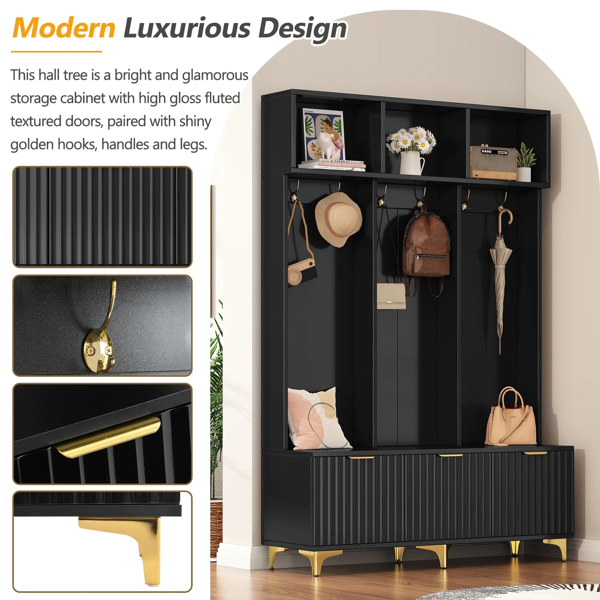 Euroco Modern Hall Tree with High Gloss Fluted Doors, Gold Accents, Shoe Storage & Bench - Entryway Organizer with Cubbies and Coat Hooks