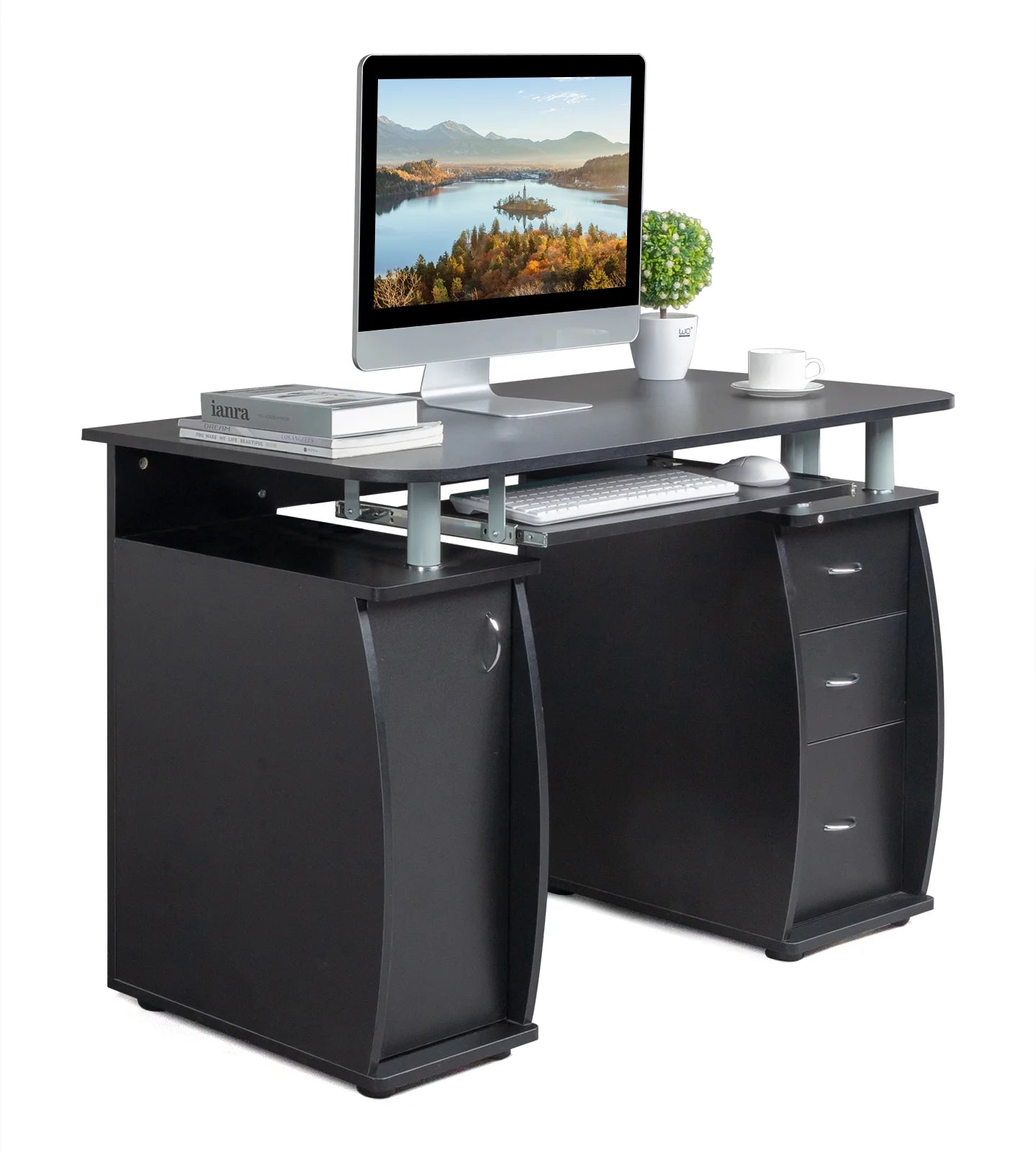 Ktaxon Brown Computer PC Desk Home Office Study Writing Table 3 Drawers Bookcase