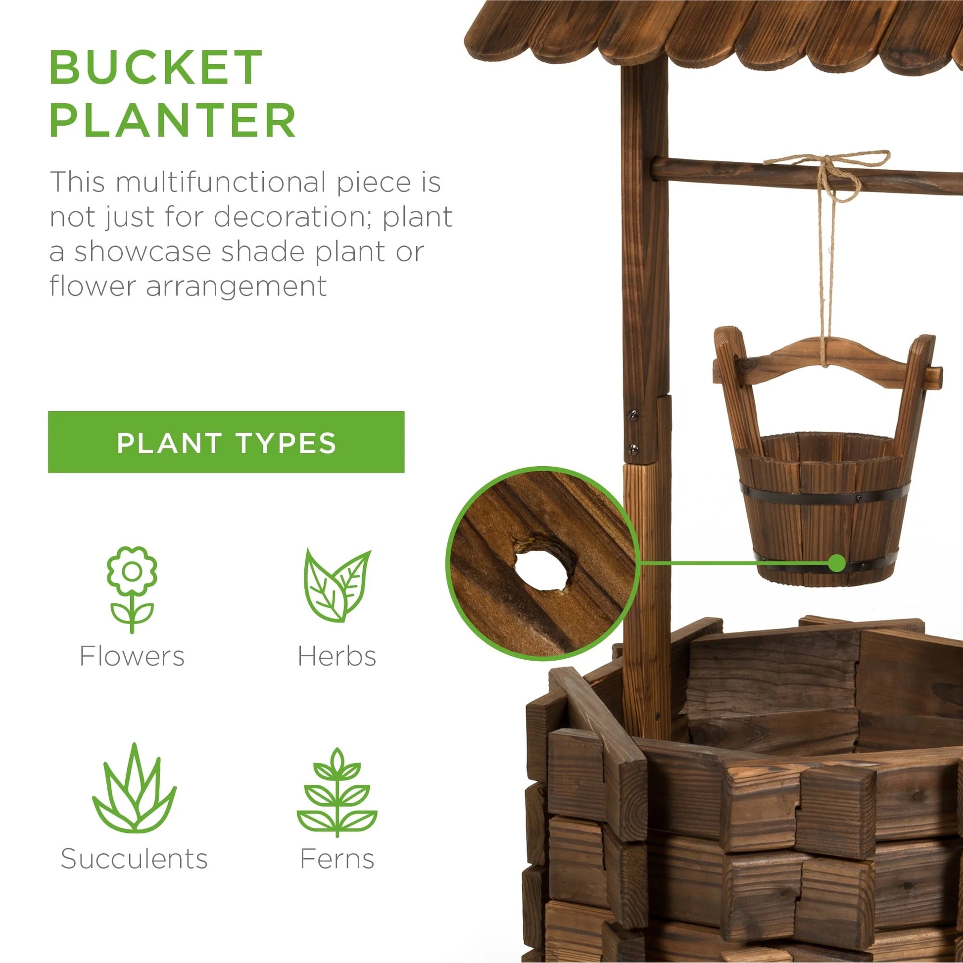 Best Choice Products Rustic Wooden Wishing Well Planter Outdoor Home Decor for Patio, Garden, Yard w/Hanging Bucket