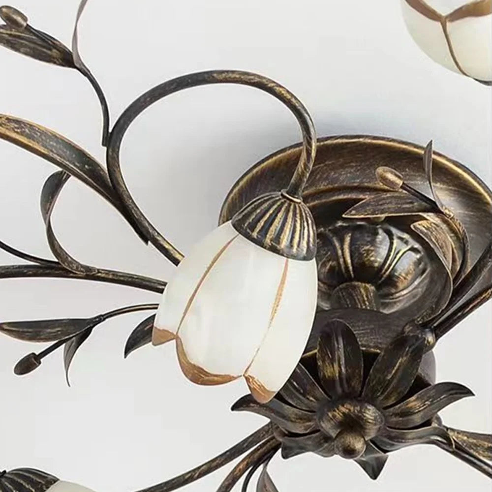 Lakiq Rustic Flower Vine Semi Flush Mount Ceiling Light Wrought Iron Light Fixtures Farmhouse 4 Lights