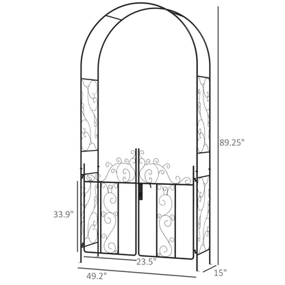 Outsunny 89.25" Metal Garden Arch with Gate, Garden Arbor Trellis for Climbing Plants, Roses, Vines, Wedding Arch, Black