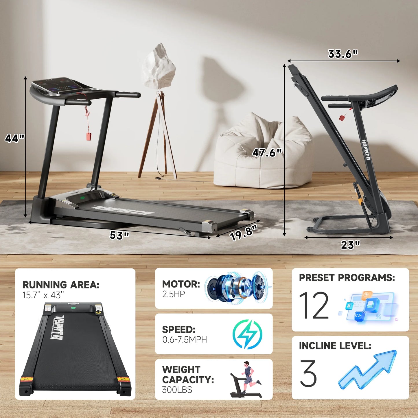 SKOK 2.5HP Foldable Treadmill, 300lb Capacity, 12 Programs, Portable Home Office Walking Machine