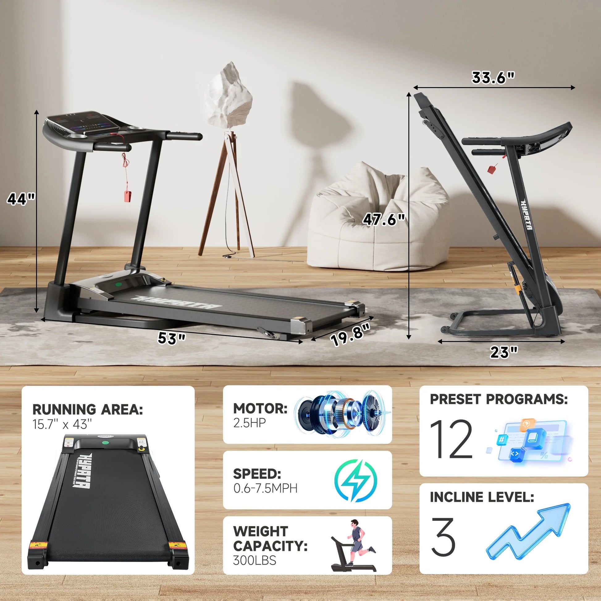 SKOK 2.5HP Foldable Treadmill, 300lb Capacity, 12 Programs, Portable Home Office Walking Machine