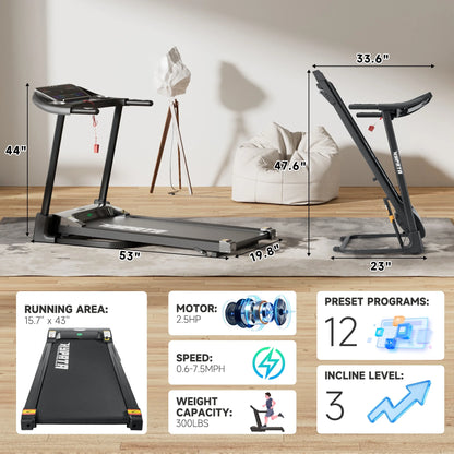 SKOK 2.5HP Foldable Treadmill, 300lb Capacity, 12 Programs, Portable Home Office Walking Machine
