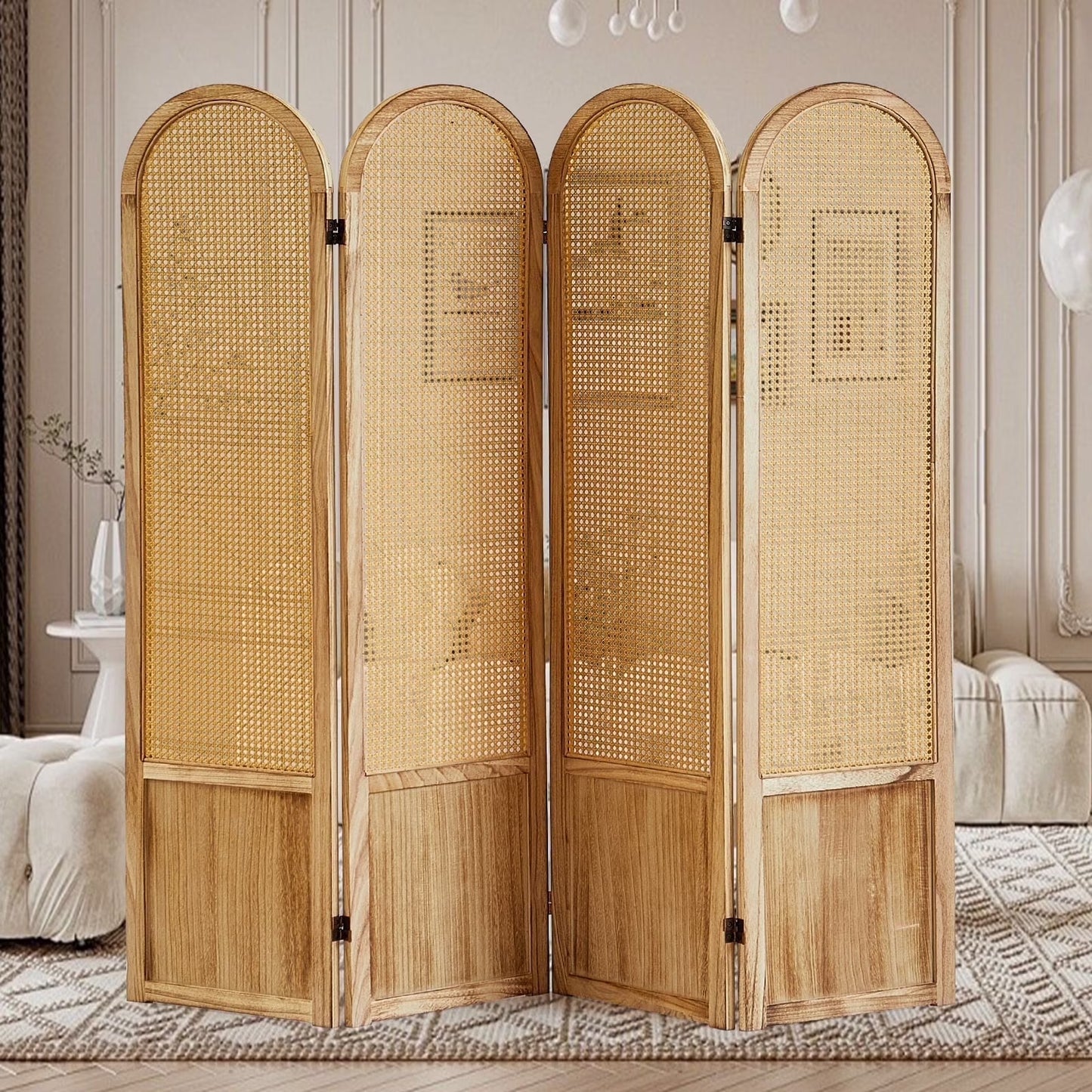 Aletheiawu 6 Panel Rattan Room Divider and Folding Privacy Screens, No Installation Required, Black