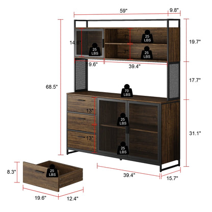 WIAWG Garage Cabinet with 3 Drawers and Metal Mesh Door, Industrial Mutifunctional Tool Storage Cabinet for Warehouse, Basement, Home Office (Walnut)