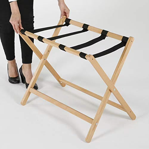 M& T Displays Beech Wood Folding Luggage Rack Travel Suitcase Stand with Woolen Strips for Home Hotel Gym Spa Guest Room 200 lbs Carriage Capacity Natural Wood 18x30 Inches