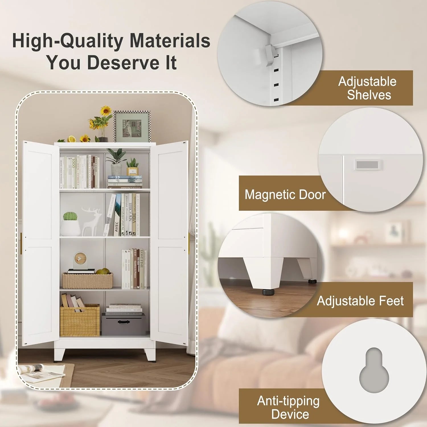 Metal Storage Cabinet - 61" Tall Steel File Cabinets with 2 Doors and 3 Adjustable Shelves Versatile Storage Pantry Cabinet for Home Office Warehouse Garage or Outdoor (White)