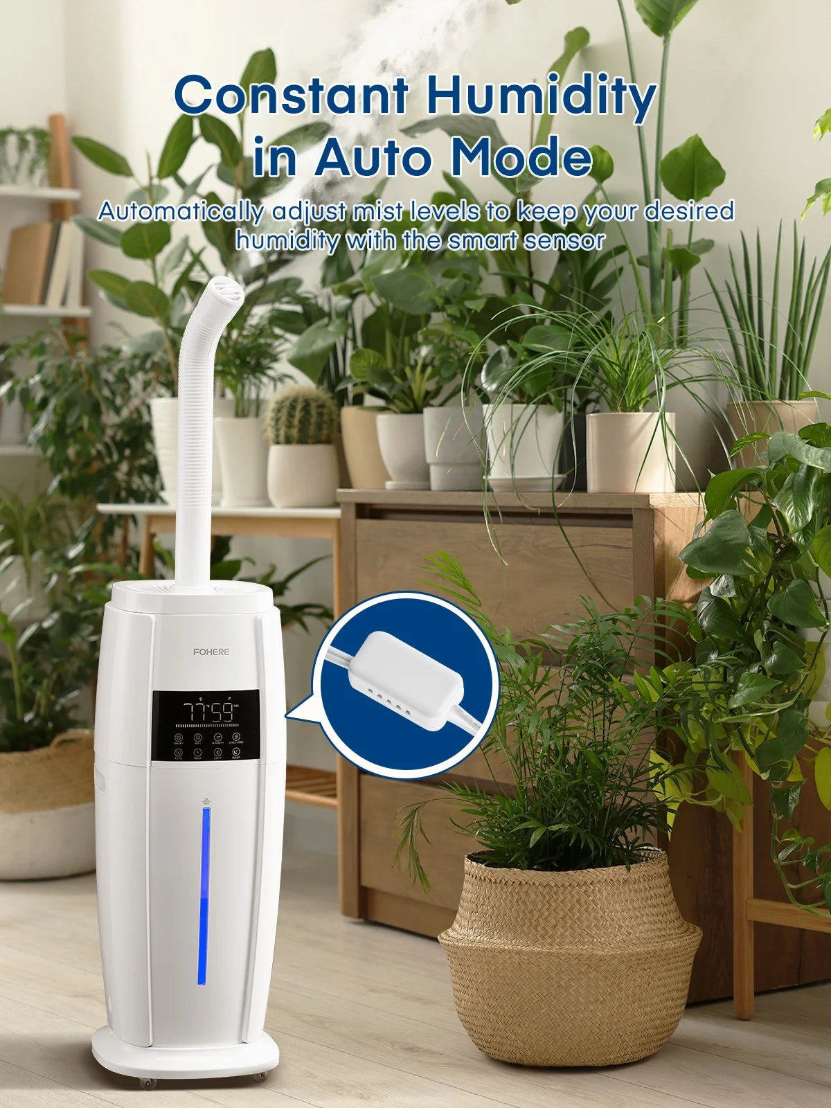 FOHERE 4.8Gal/18L Humidifier Large Room, Easy Top Fill Cool Mist Tower Humidifiers Quiet for Home, Plants, Commercial, Whole House Cover up to 1500ft2, with Smart Sensor, Remote, 5 Speeds, White
