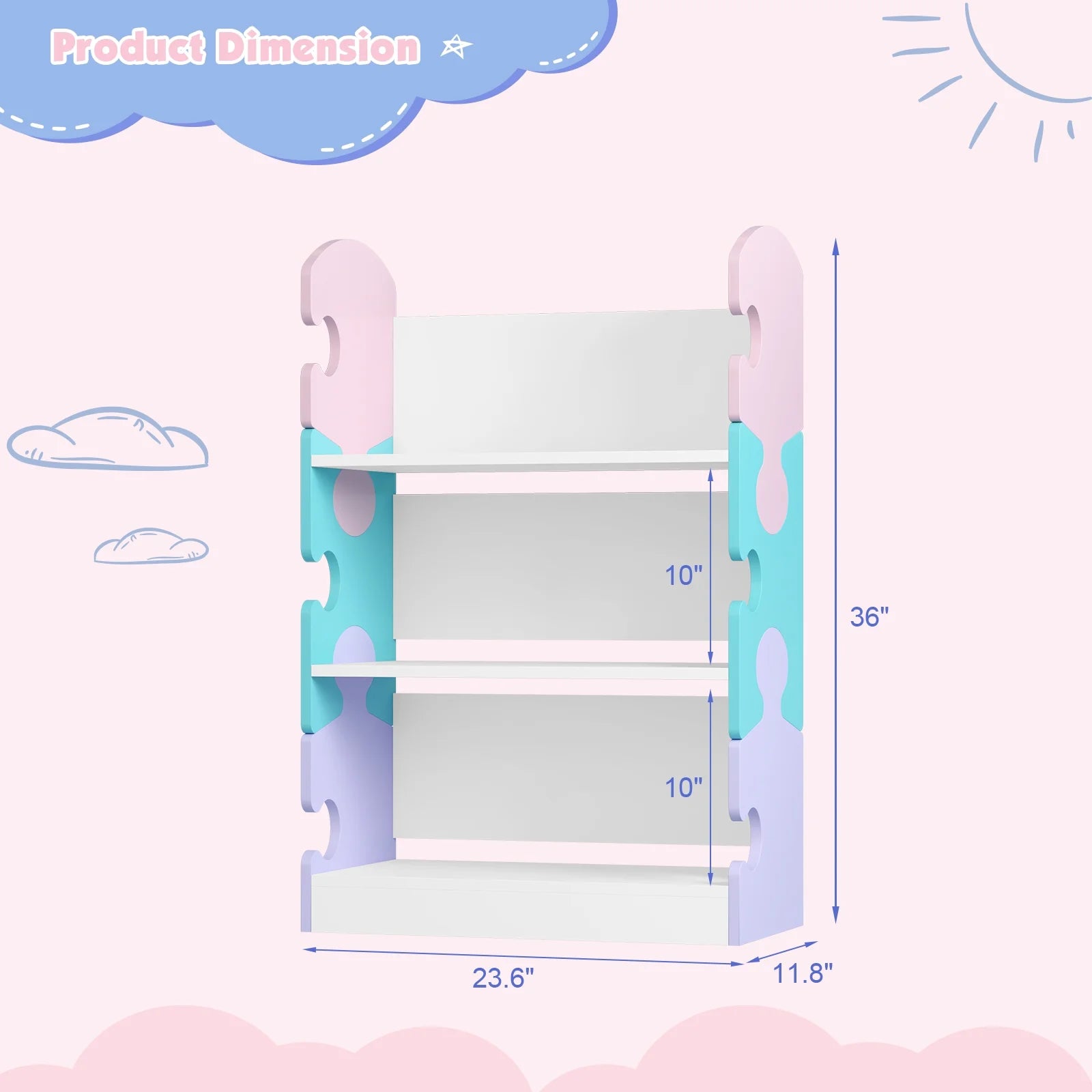 3-Tier Puzzle Piece Kids Bookshelf - Open Toy & Book Organizer for Nursery, Bedroom & Classroom
