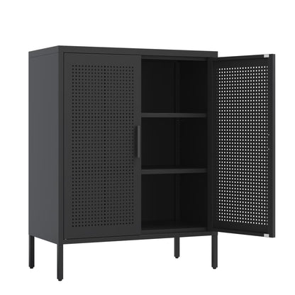 31.5" Metal Storage Cabinet with 2 Doors and 2 Adjustable Shelves, Garage Storage Cabinet with Metal Handles, Metal File Cabinet for Home Office School Gym, Black