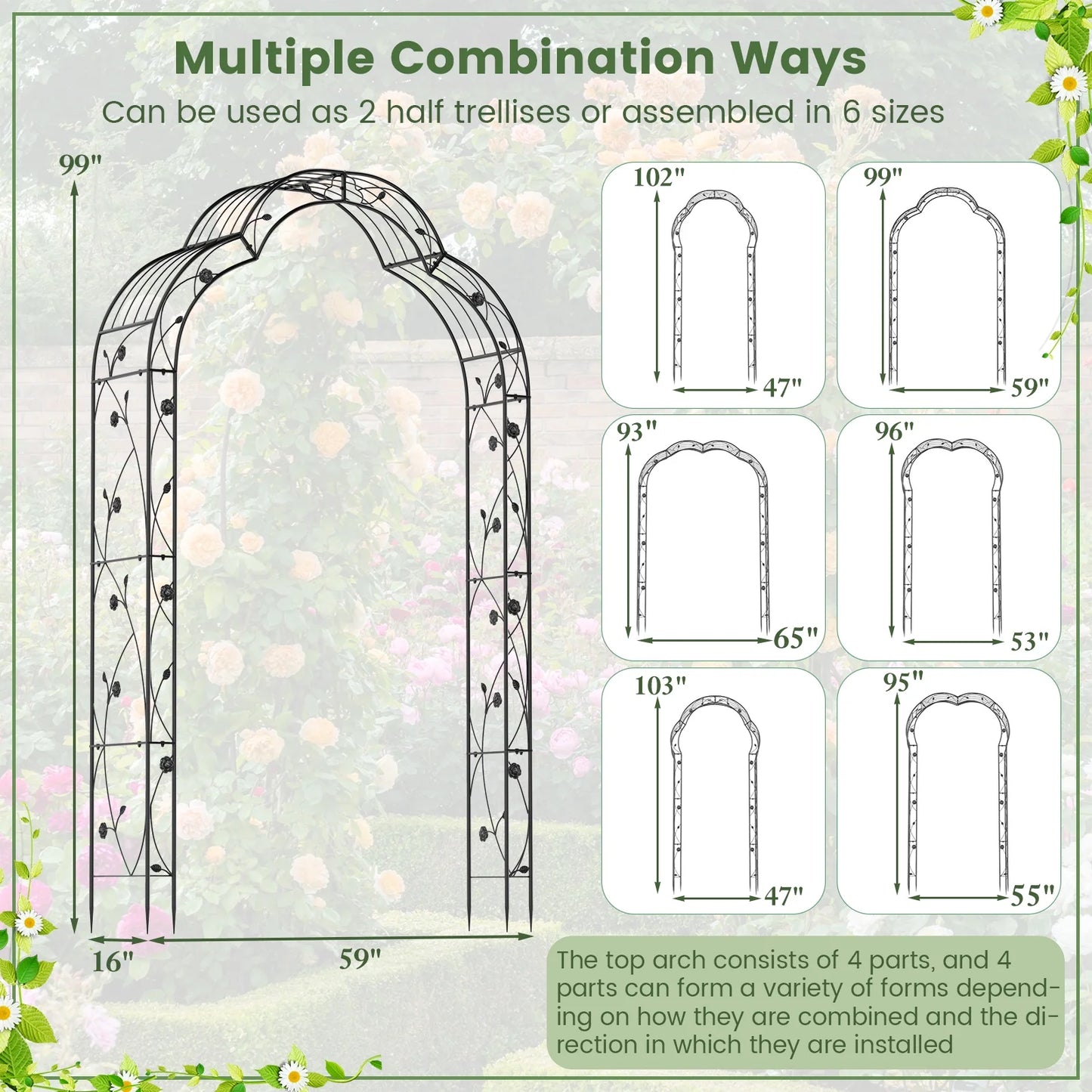 Topbuy Garden Arch Arbor Trellis, 2 Half Arches 99° Tall Metal Arbour Archway for Climbing Plants Roses Vines
