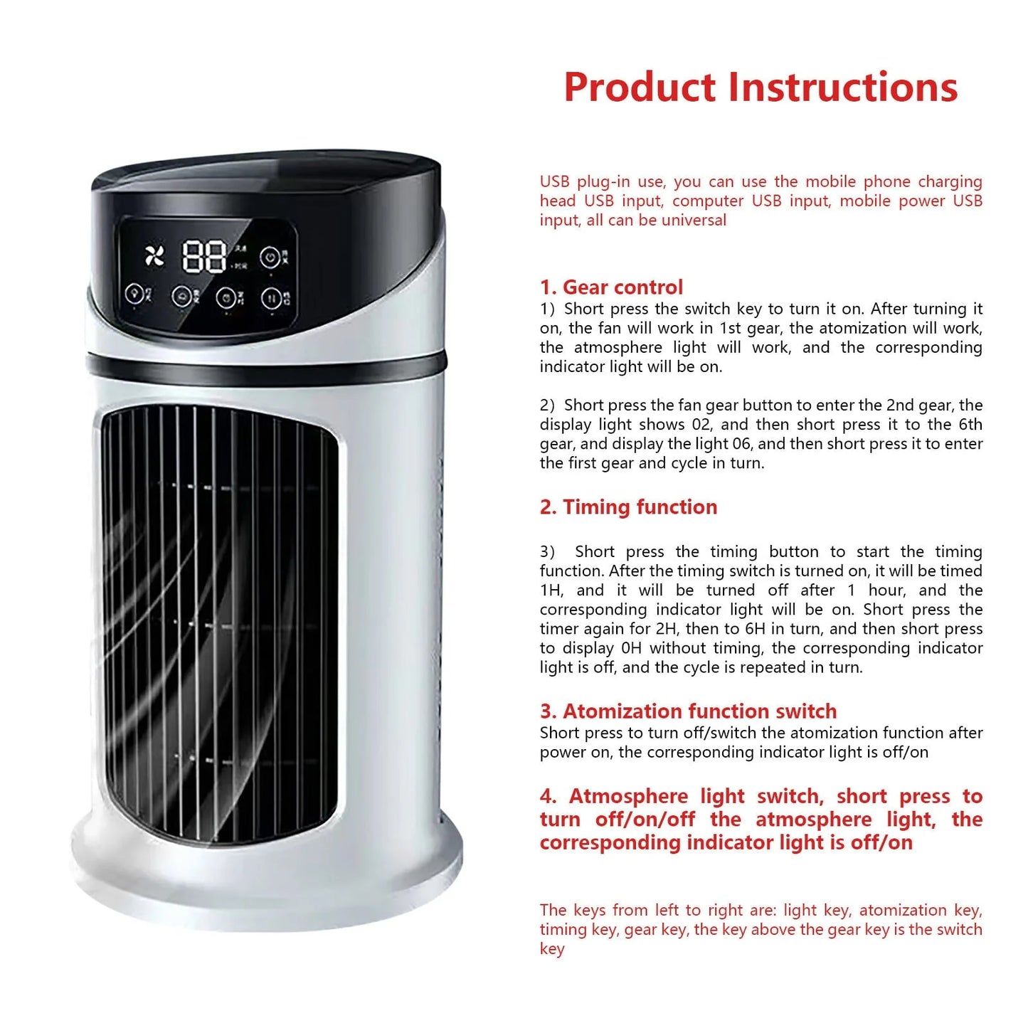 Lingouzi Portable Mini Air Conditioner, Home Office Air Cooler Humidifying Spray, Usb Ultra-Quiet Rechargeable Water-Cooled Air Conditioner, Multi-Function Timer & Rgb Color Night Light