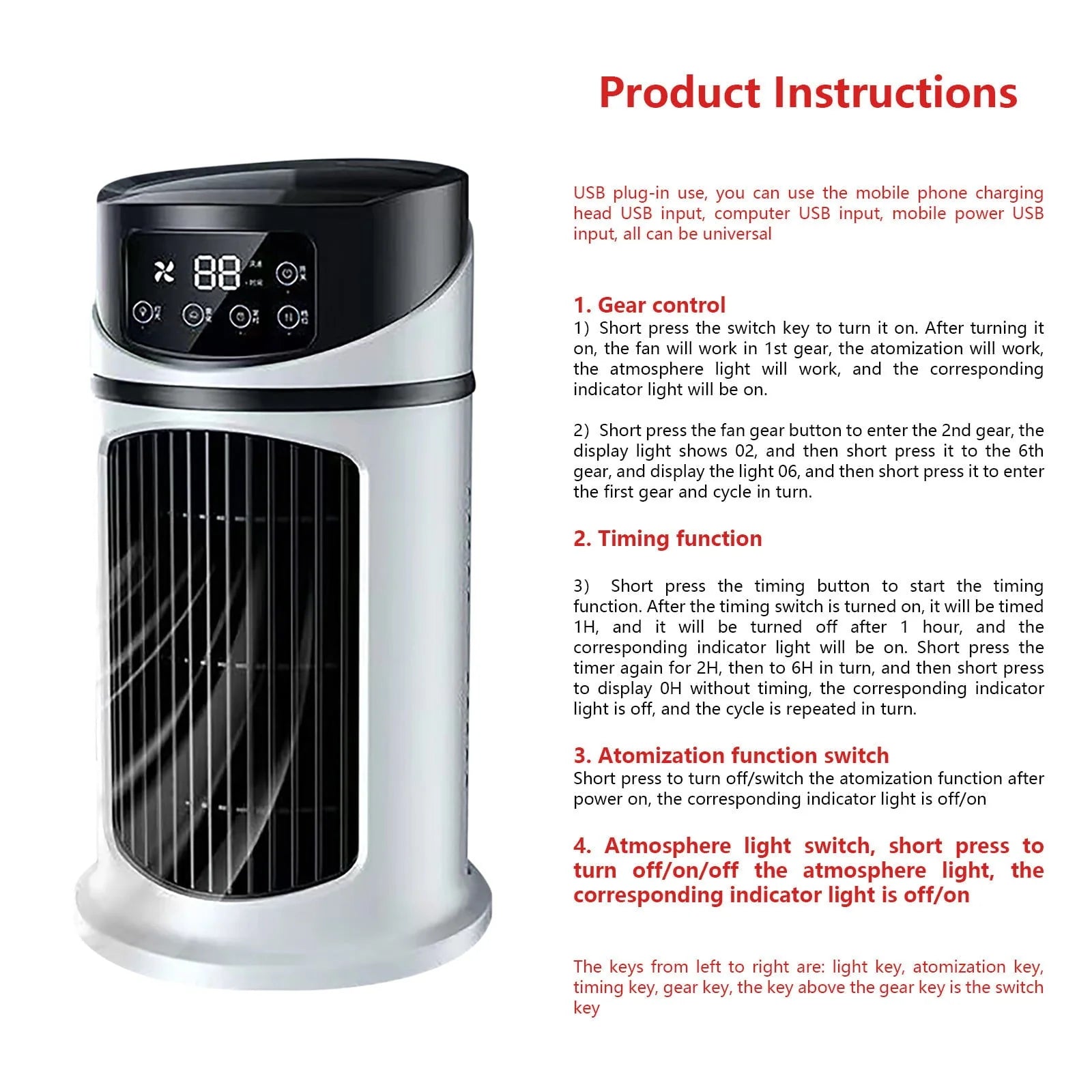 Lingouzi Portable Mini Air Conditioner, Home Office Air Cooler Humidifying Spray, Usb Ultra-Quiet Rechargeable Water-Cooled Air Conditioner, Multi-Function Timer & Rgb Color Night Light
