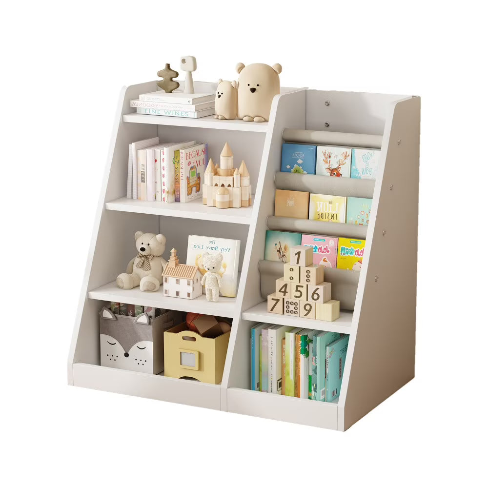 IVV Montessori Kid Bookshelf, Modern Wood Bookcase 4 Tier Children Book Rack Display Toy Storage Organizer Sling Book Rack for Classroom Bedroom Nursery Playroom (Pink)
