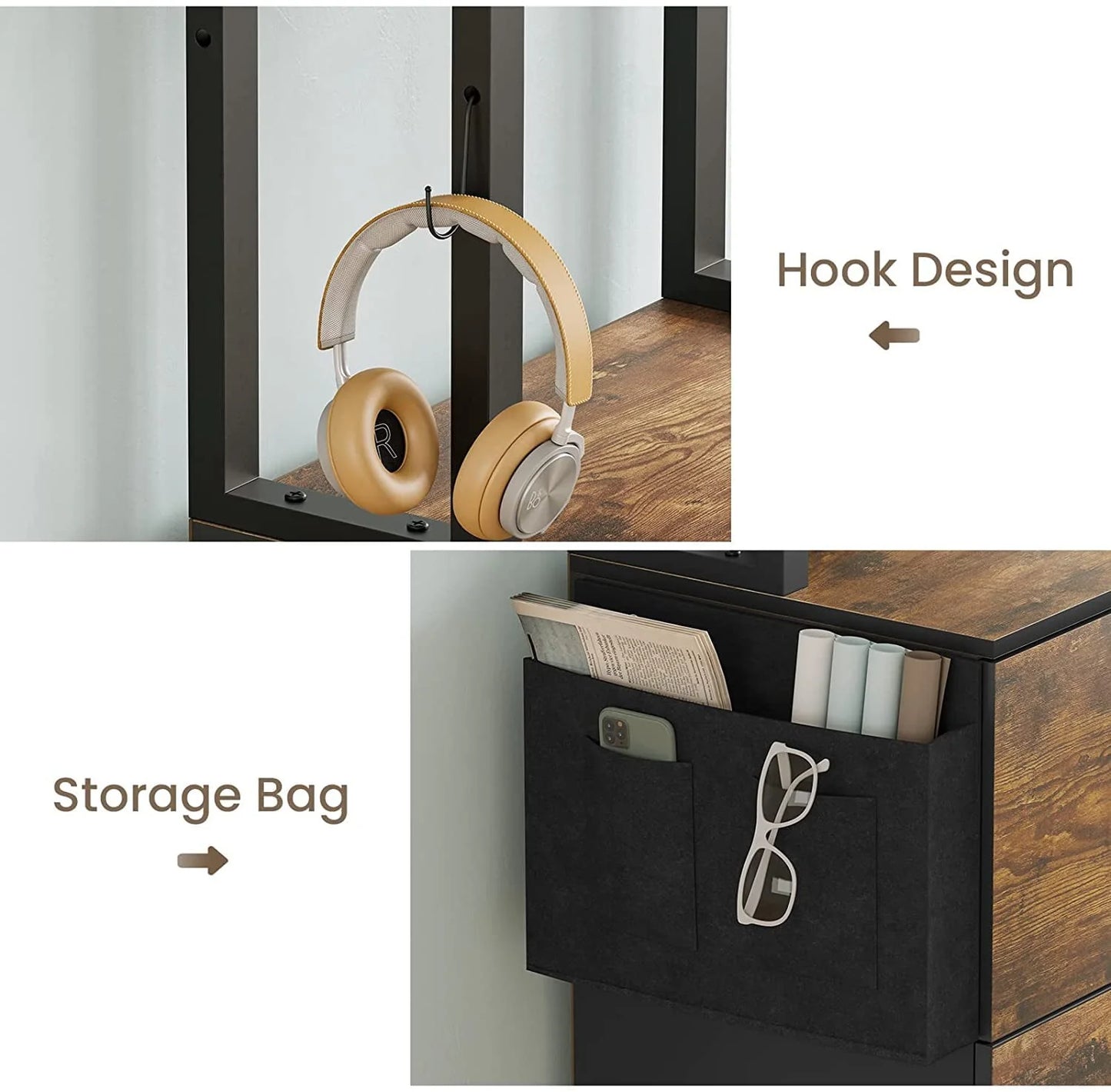 2 Drawer File Cabinet with Lock& Storage Bag,Rustic Home Office Filing Cabinets with Adjustable Storage Shelf,Brown