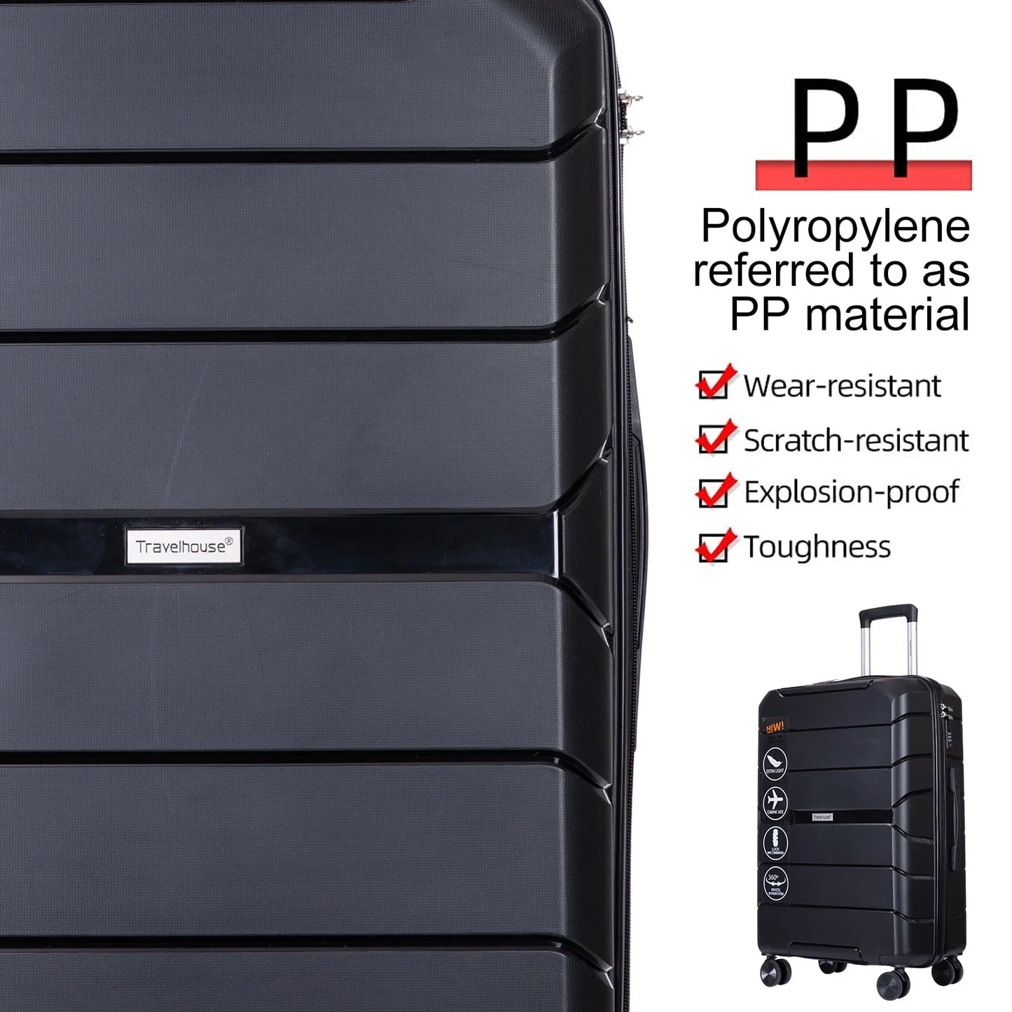 Travelhouse 3 Piece Luggage Set Hardshell Lightweight Suitcase with TSA Lock Spinner Wheels 20in24in28in.(Black)