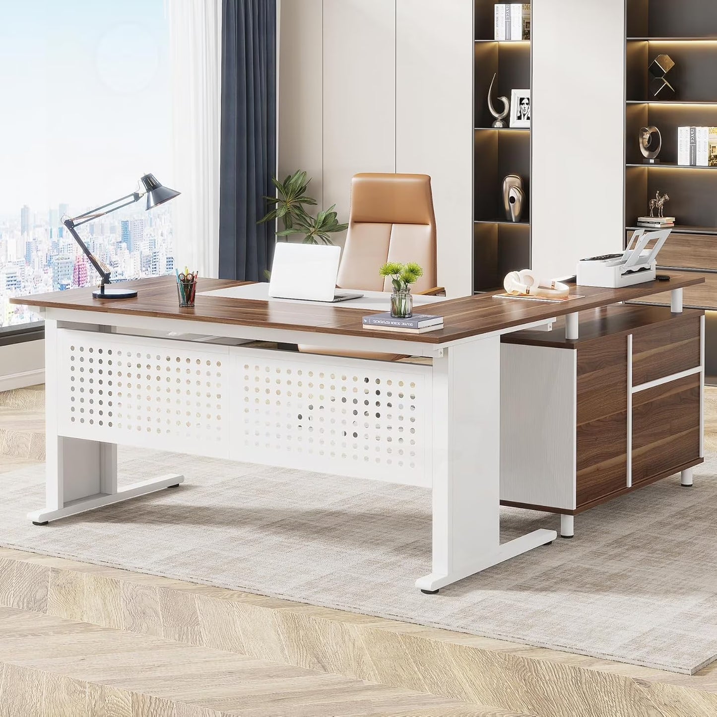 Tribesigns 63 Inch Executive Desk with File Cabinet, Large Office Desk L Shaped Computer Desk with Drawers and Storage Shelves, Business Furniture Desk Workstation for Home Office, Brown and Black