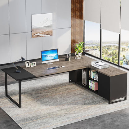 Tribesigns 70.8" L-Shaped Executive Desk with 55" File Cabinet, Modern L-Shaped Computer Desk with Storage Shelves and Cabinet for Home Office, Walnut White