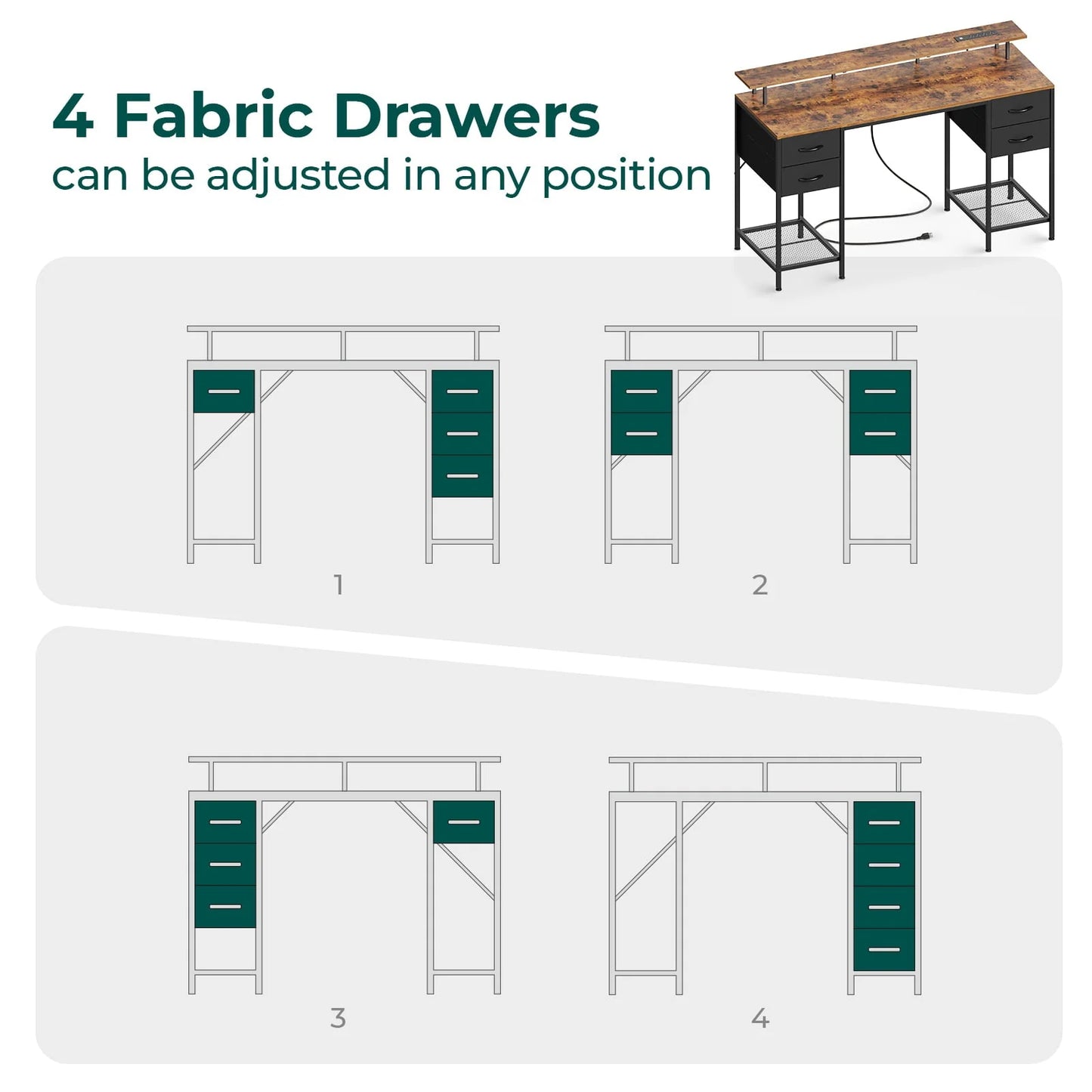 Huuger 55" Computer Desk with LED Lights & Power Outlets, Industrial Home Office Desk with Drawers & Storage Shelves, Corner Writing Desk, Gaming Desk, Rustic Brown